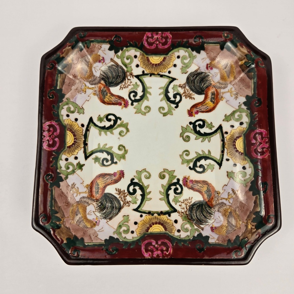 Vintage Chinese Porcelain Rooster Decorative Plate Square Scalloped 8 Inch